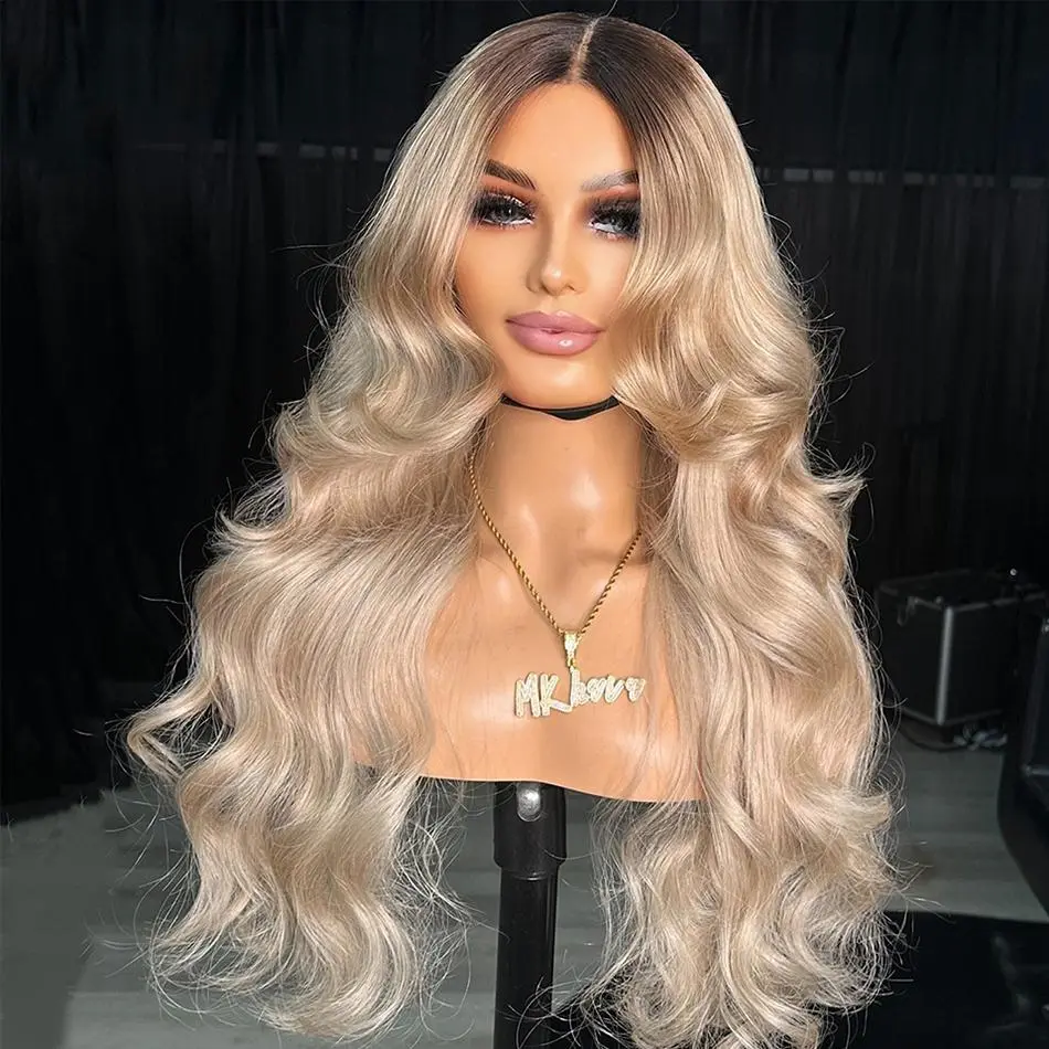 Brown Root Ash Blonde Body Wave Pre-Cut Lace Frontal Human Hair Wig 13X6 HD Transparent Lace With Elastic Strap Highlight Ash Blonde Milk Tea Colored Glueless Lace Drawstring Wig Natural Hairline For Woman