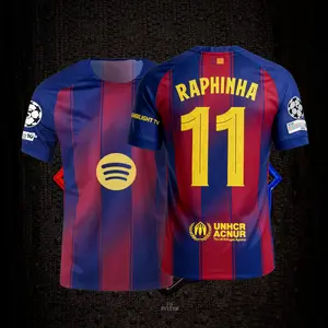 11# Raphinha 25 26 Home Short Sleeve Soccer Jersey Fans Version Red Blue