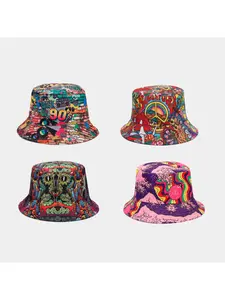 European and American fashion retro graffiti double-sided bucket hat for women, sun hat for outings and shopping, men's party hip-hop fisherman hat