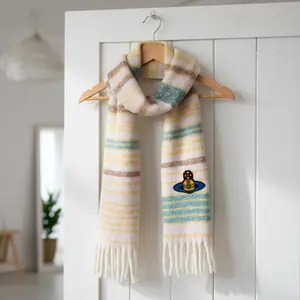 Quzmar 90% Polyester and 10% Wool Unisex Vintage Striped Scarf with Saturn Embroidery Fringe,  Soft and Warm,   for Fall and Winter, Machine Washable