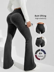 High Waist High Elasticity Ribbed Butt Lifting Slimming Flare Pants for Women, Waist Cinching Sweat-Wicking Yoga Pants Long Leggings, Solid Flare Leggings, Athleisure Fitness Leggings