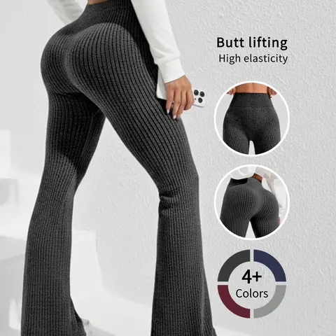 High Waist High Elasticity Ribbed Butt Lifting Slimming Flare Pants for Women, High Waist Activewear, Waist Cinching Sweat-Wicking Yoga Pants Long Leggings, Solid Flare Leggings, Athleisure Fitness Leggings, Bum Leggings, Fitness Clothes