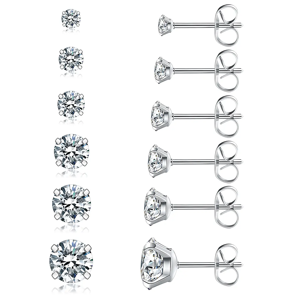 6 Pairs Cubic Zirconia Stud Earrings Set for Men and Women, Hypoallergenic Gold-Plated Stainless Steel Posts, Assorted Sizes 3-8mm, for Ear Piercings