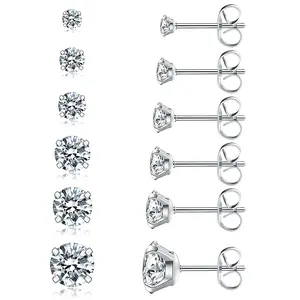 Stainless Steel Stud Earrings for Men Women 6 Pairs Cubic Zirconia Earrings Set 3mm-8mm