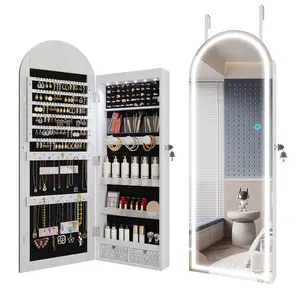 VlsrkaArched Lighted Mirror Jewelry Cabinet, Wall/Door Mount Jewelry Armoire Organizer with Lights, Full Length Mirror with Jewelry Storage, Over the Door Hanging Jewelry Cabinet
