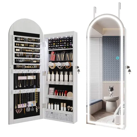 Vlsrka Arched Lighted Jewelry Cabinet - Modern Storage Cabinet, Pre-Assembled Arched Full Length Mirror (Full Outfit View), Wall-Mounted/Over-the-Door Organizer with Aesthetic Frame, 3 Color Dimming Lights, Smart Touch Button, Touch Sensor