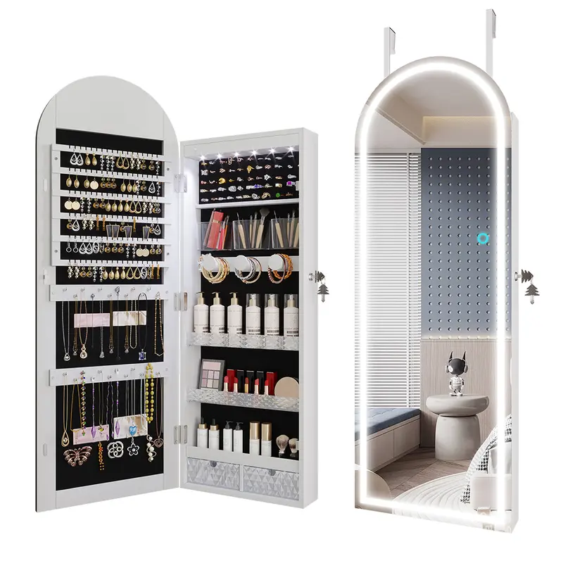 Vlsrka Arched Lighted Jewelry Cabinet - Modern Storage Cabinet, Pre-Assembled Arched Full Length Mirror (Full Outfit View), Wall-Mounted/Over-the-Door Organizer with Aesthetic Frame, 3 Color Dimming Lights, Smart Touch Button, Touch Sensor