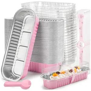 50 Pack Mini Loaf Pans with Lids Rectangle Individual Cake Pans Aluminum Foil Pans for Large Gatherings Picnics Vacations Parties (Pink, 6.8 OZ)