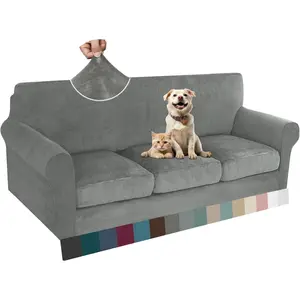 Luxury Velvet Couch Cover 4 Piece (72"-92") Stretch Sofa Covers for 3 Cushion Couch Thick Soft Sofa Slipcover with Non Slip Strap, Dog Pet Friendly Nice Furniture Protector (Grey)