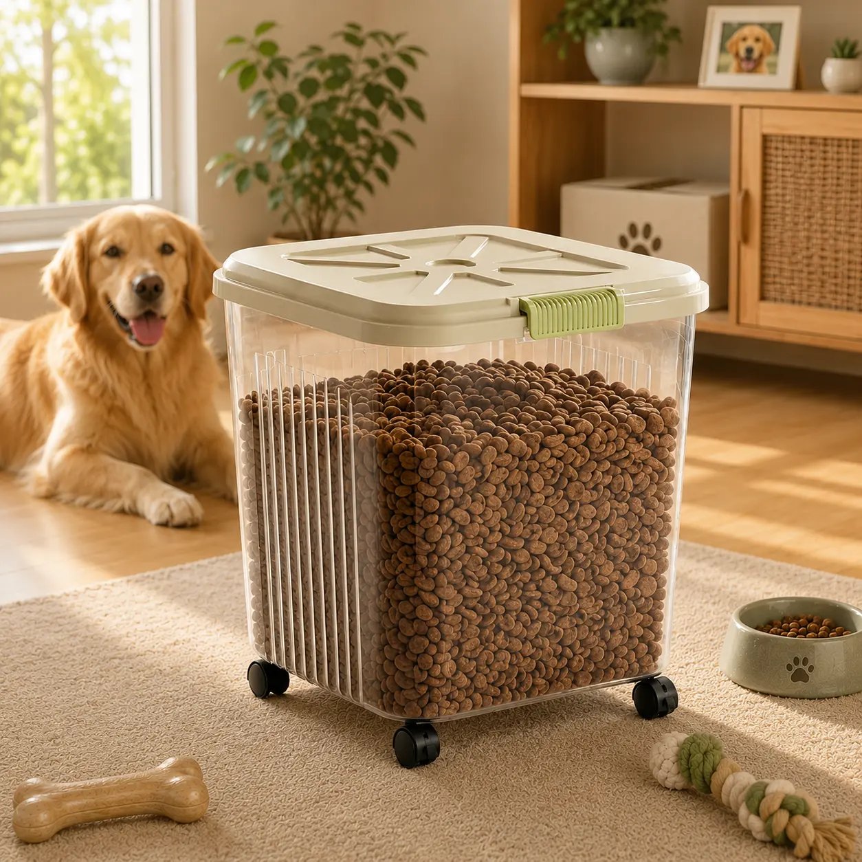 Airtight Dog & Cat Food Storage Container with Wheels, Moisture-Proof Sealed Bin for Modern Home Décor, Includes Free Stickers & Measuring Cup