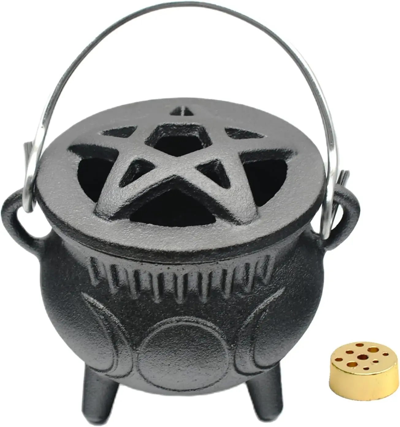 Halloween Fall Gift Cast Iron Cauldron with Lid & Handle, Small Triple Moon Cast Iron Cauldron Pot, Incense Burner Witchcraft Ideal for Cooking, Smudging, Ritual Purpose, Sage, Halloween Decoration