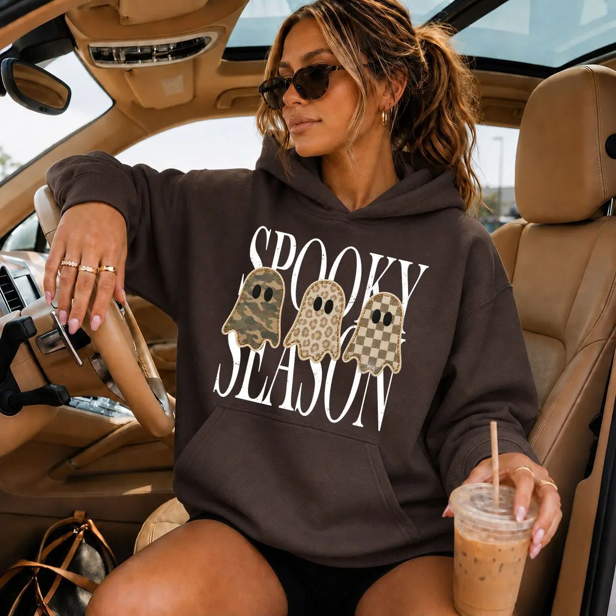 [PRINTED HOODIE] Retro Spooky Season Ghost Gildan Hoodie, Leopard Camo Checkered Patchwork Halloween Graphic, Cozy Unisex Pullover, Trendy Fall Gift For Her