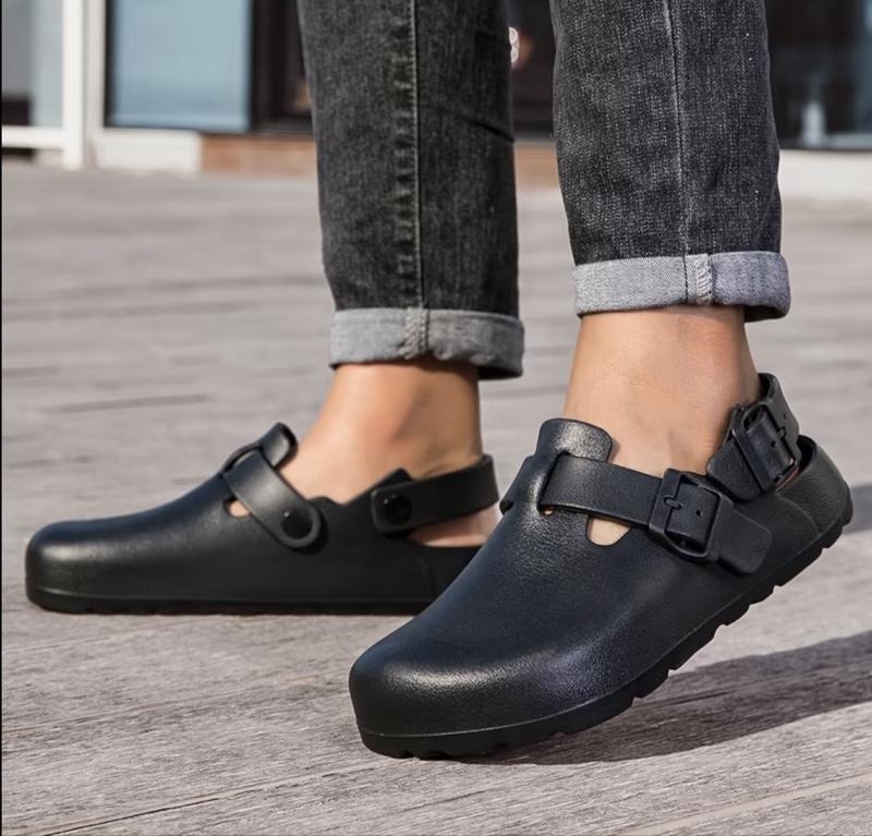 Unisex Solid Color Clogs with Adjustable Flat Buckle Round Toe Flat Design Retro Fashion Footwear Classic Comfortable Stylish Cork Footbed