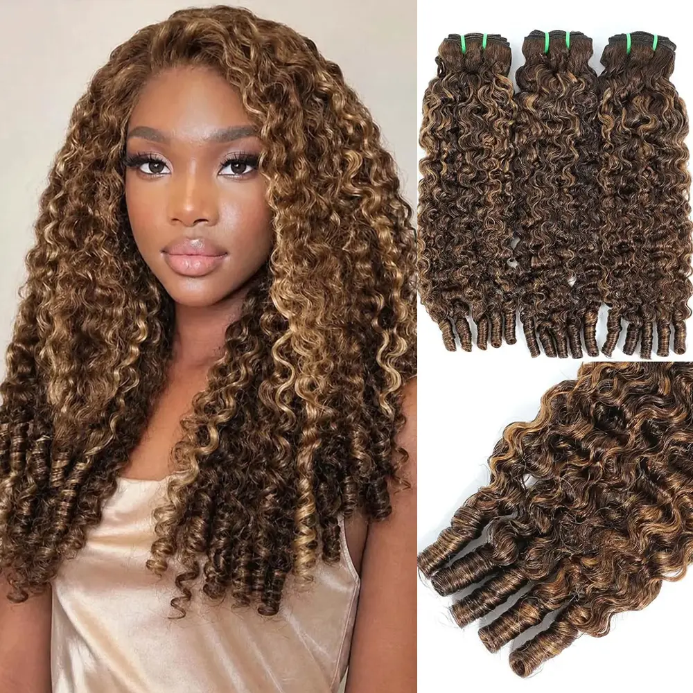 【50G/Pack】Highlight Honey Blonde Human Hair Bundles 3c4a Quick Weave Hair Ombre Brown Burmese Curly Bundles Human Hair 16-26 InchInches 1/3Pcs 4/27 Water Wave Sew in Hair Extensions Quick Weave with Spiral End