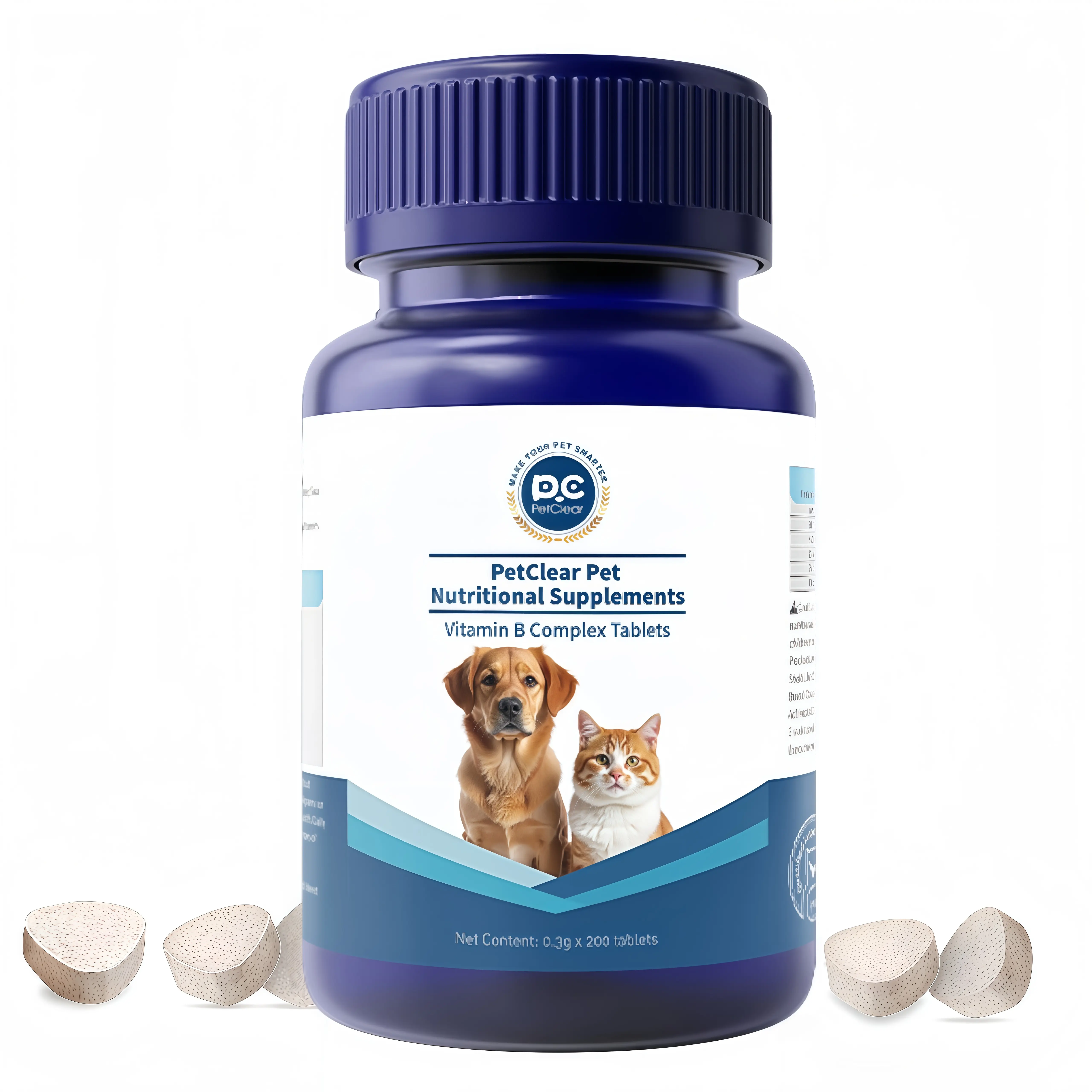 PetClear Chewable Vitamin B Complex Tablets for Dogs & Cats, Natural Powders Chicken-Fruit-Veggie Base, B1-B12 for Daily Energy Boost, Digestion & Healthy Fur, 200 Count