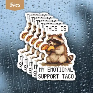 5PCS Food-Loving Cartoon Raccoon "This Is My Emotional Support Taco" Waterproof Vinyl Sticker, Sticker Decals, Self-Adhesive Single-Use Decal, Suitable For Water Bottles, Laptops And More, Ideal For Raccoon, Mexican Food And Animal Enthusiasts