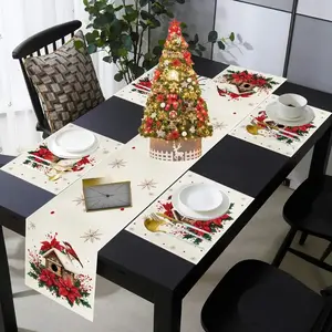 1 piece/5 piece set/7 piece set Christmas table flag with red holly berry and bird house design placemat, linen coarse cloth kitchen table cloth suitable for small/round/square wedding party home decoration