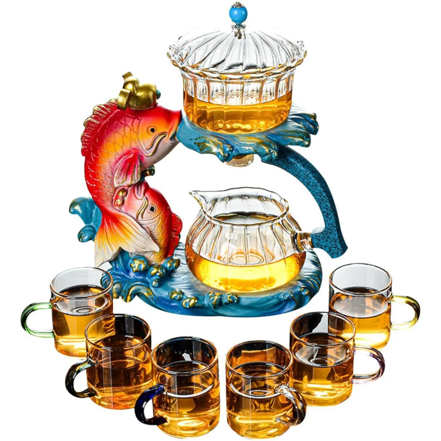 Semi-Automatic Glass Lazy Kung Fu Teacup Tea Set - Creative Design, Shatter-Resistant, Built-In Filter, Fish Teapot A, 6 Cups, Stainless Steel Transparent Infuser for Tea, Coffee, Teacup Tea Sets