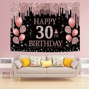 30th Birthday Banner Decoration Background, Rose Theme, 30th Birthday Party Sign Supplies, Photo Booth Props