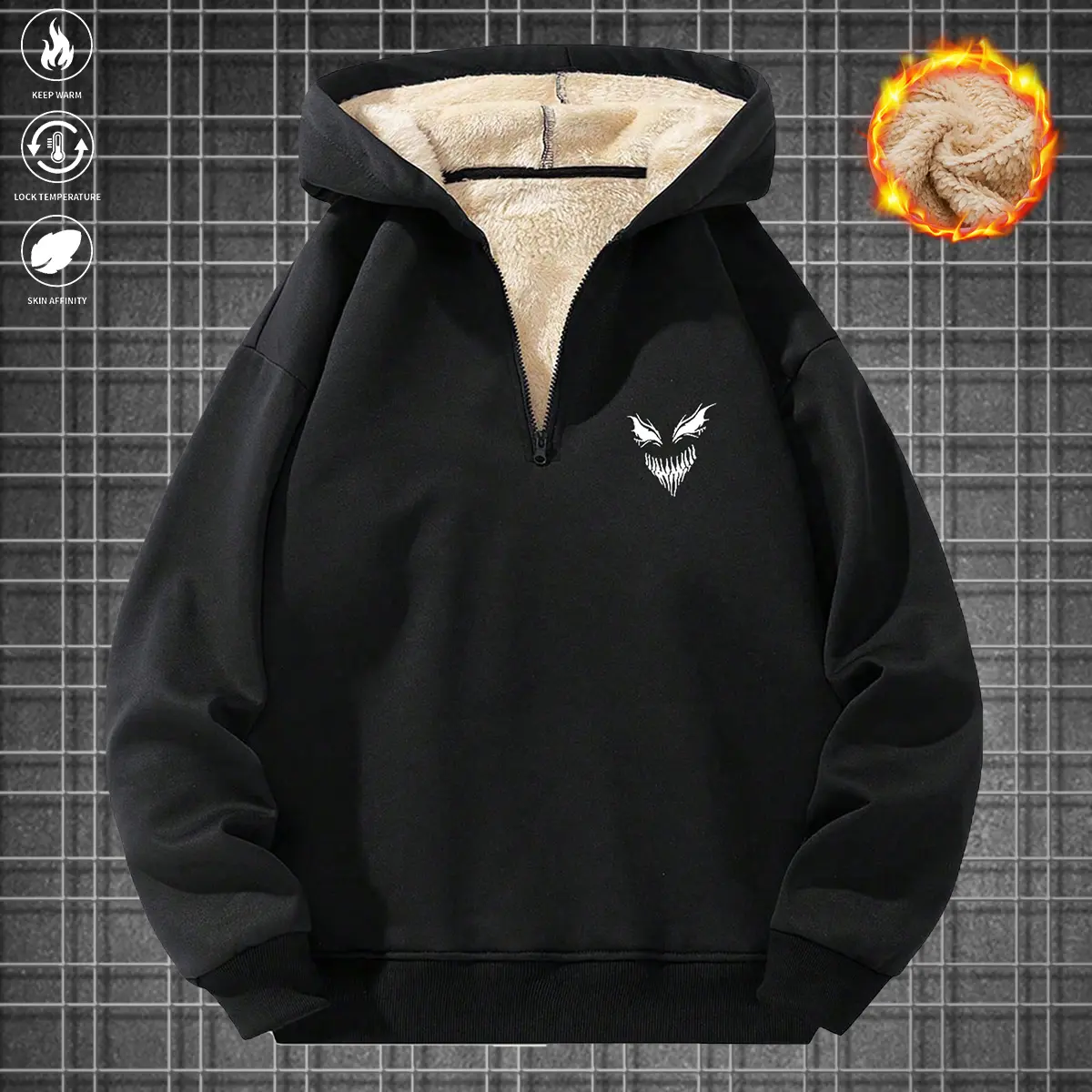 Men's Fleece-Lined Graphic Print Hoodie - Long-Sleeve Relaxed-Fit Casual Pullover for Warm Autumn Winter Streetwear, Fitted