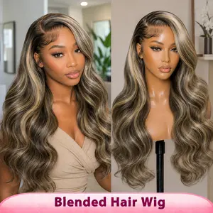 #1B/27 Ombre Highlight Body Wave 5x5 HD Lace Closure Wig, Synthetic Human Hair Blend Wig for Women, 220% Density Pre Cut Pre Plucked with Baby Hair, Glueless Wear And Go Wig middle part synthetic heat