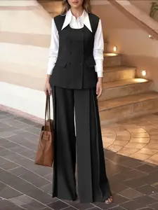 Women's Everyday Casual Solid Color Set, Shirt Collar Long Sleeve Faux Two-Piece Blouse, Elastic Waist Pocket Wide Leg Pants, Daily Commute, Fit