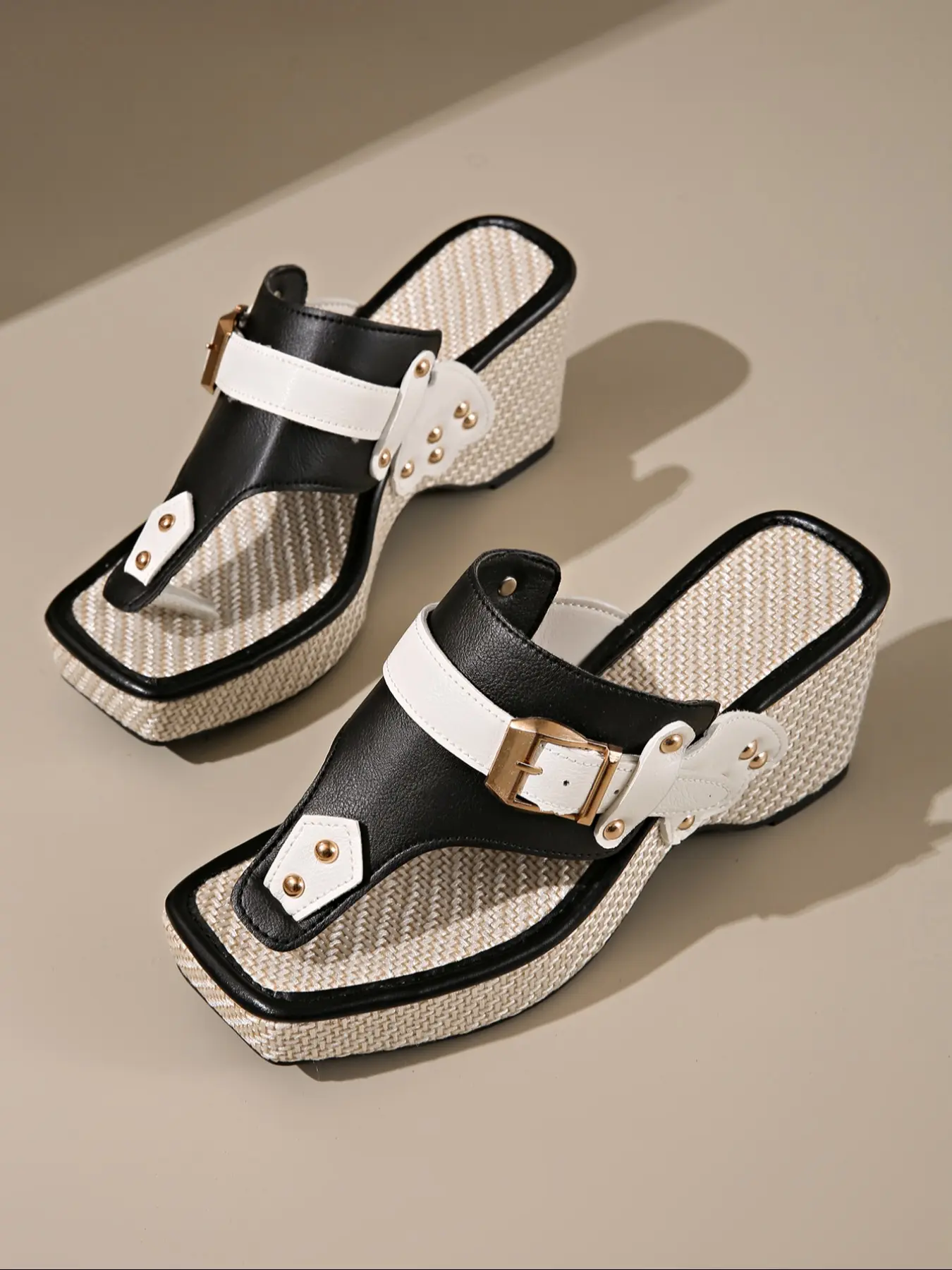 Women's Open Toe Platform Wedge Sandals, Adjustable Buckle Strap with Metal Studs, Woven Sole, Summer Fashion Comfortable Shoes, Fashionable Casual Sandals
