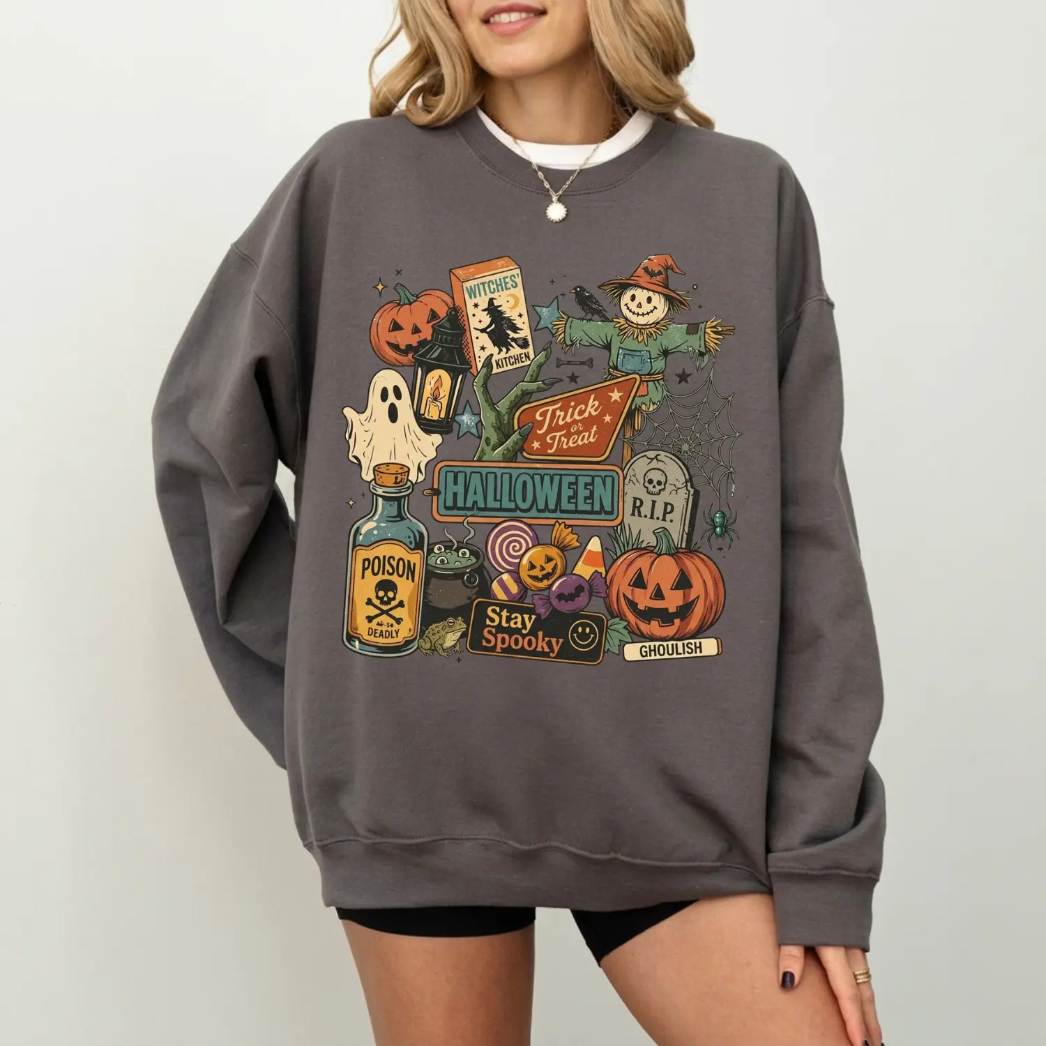 Retro Halloween Sweatshirt, Vintage Spooky Season Crewneck, Pumpkin Ghost Scarecrow Graphic Sweatshirt, Trick or Treat Fall Pullover, Cute Halloween Costume Sweatshirt, Autumn Sweatshirt