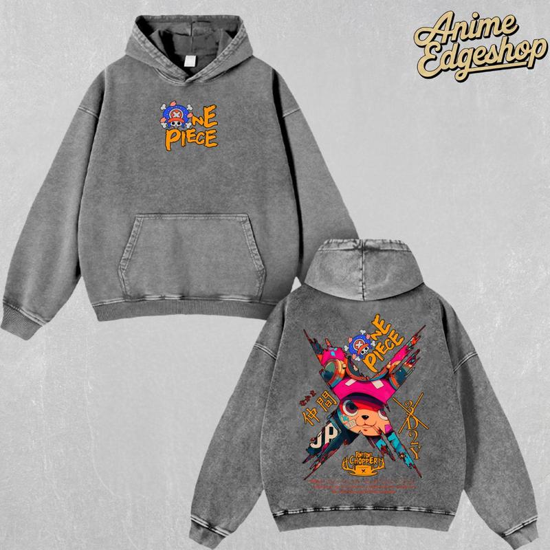 Retro Vintage Limited Tony Chopper One Piece Double Sided Print Oversized Acid-Washed Heavyweight Cotton Hoodie & T-Shirt – Unisex Anime Manga Tee, Perfect Gift for Anime Fans and Lovers Menswear Tops