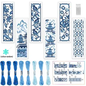 Celadon Theme Cross Stitch Bookmark DIY Kit, 6 Counts/set Cross Stitch Embroidery Craft Art Kit with Random Color Embroidery Tool, Embroidery Thread, Bookmark Sewing Kit for Sewing Enthusiasts