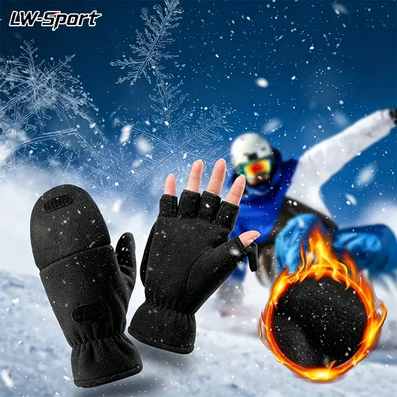 1Pair Unisex Polar Fleece 2-in-1 Convertible Flip Top Mittens, Fingerless Winter Gloves with Velcro Flip Cover & Elastic Wrist Cuff, Cold Weather Sports Gloves for Running, Cycling, Daily Outdoor Activities