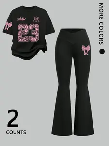 Women's Two-Piece Casual Short Sleeve T-Shirt & Long Pants Set, Fashion Summer, Comfortable and Versatile, Daily Wear