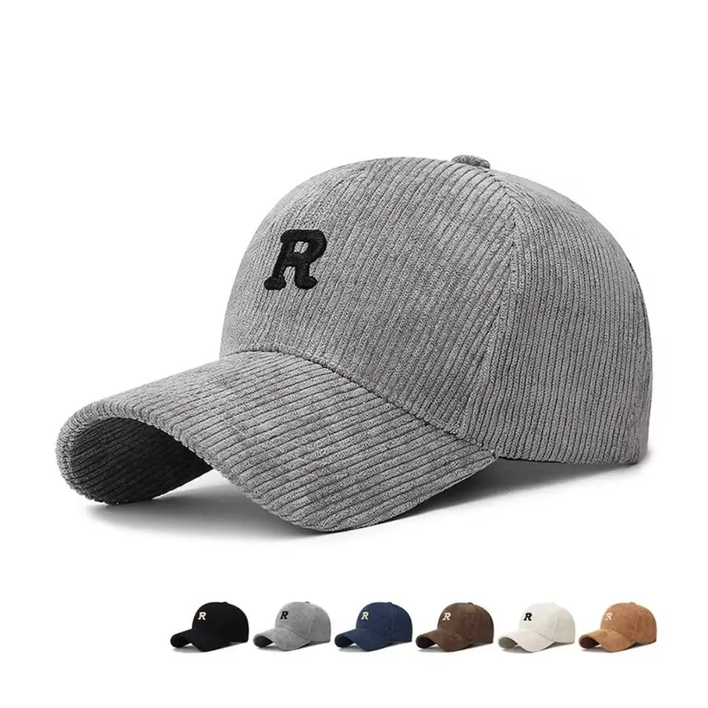 Corduroy Baseball Cap for Men Women, 3D Embroidered R Letter Structured Hat, Adjustable Solid Color Stylish Fall Winter Daily Wear Cap