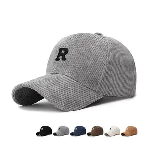 Corduroy Baseball Cap for Men Women, 3D Embroidered R Letter Structured Hat, Adjustable Solid Color Stylish Fall Winter Daily Wear Cap