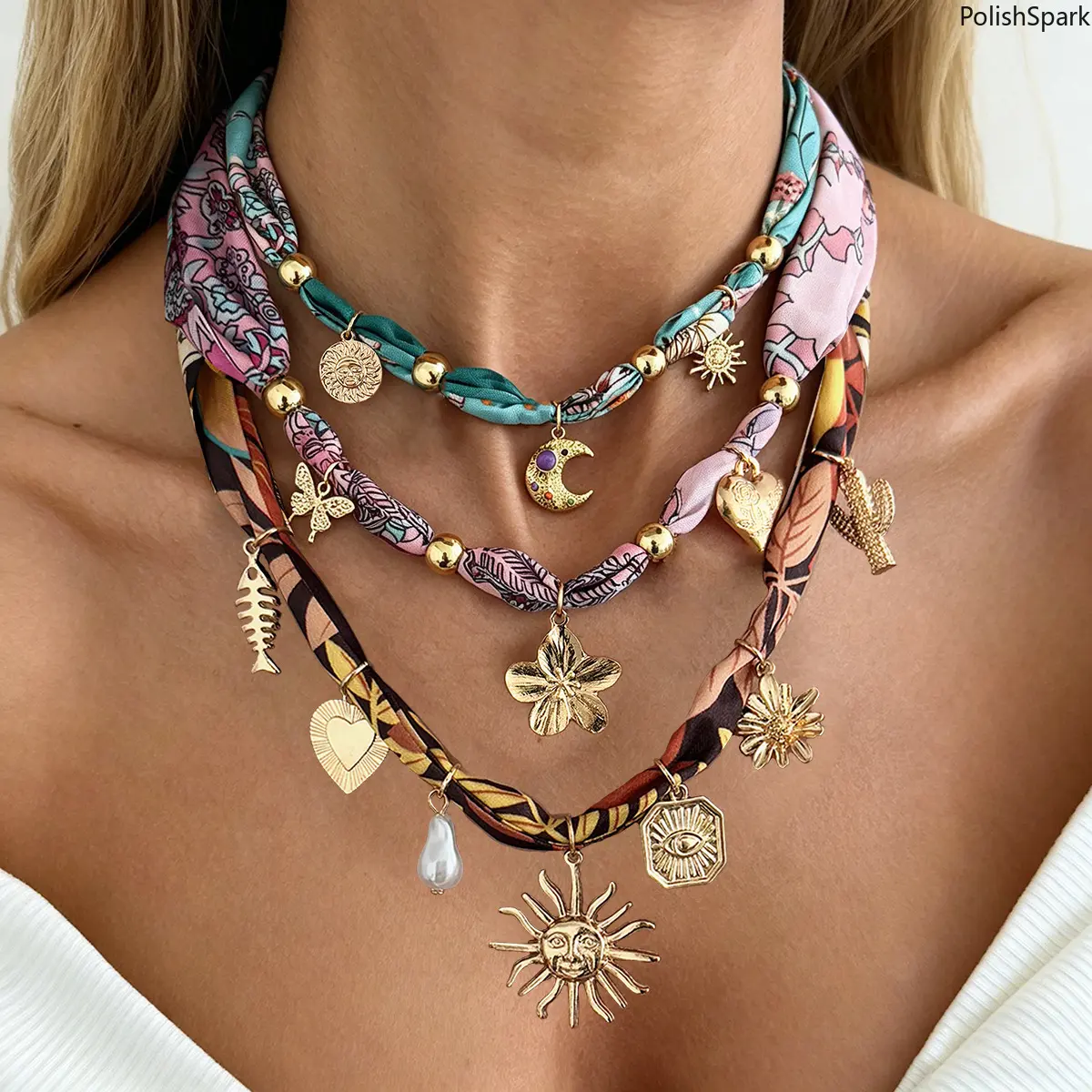Women's 2-in-1 Soft Printed Boho Silk Choker-Scarf Necklace - Durable Alloy Vintage Floral Print, Gold Pendant Adds Focal-Point Shine, Summer Sports & Outdoor Accessory, Choker Or Scarf, Two-In-One Scarf-Necklace Versatility