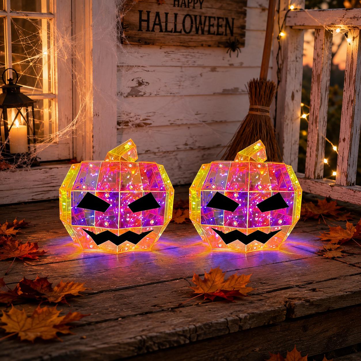 Magical Transparent Geometric Halloween Rainbow Prism Pumpkin LED Light - 15cm Battery-Operated Color-Changing Jack O' Lantern, Waterproof Indoor-Outdoor Ornaments for Home Porch Table Decoration
