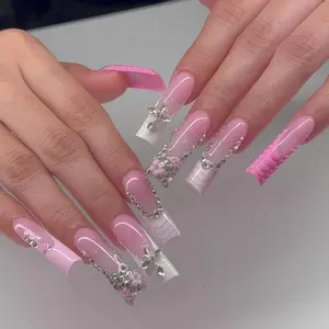 Pink French Nails with Rhinestone