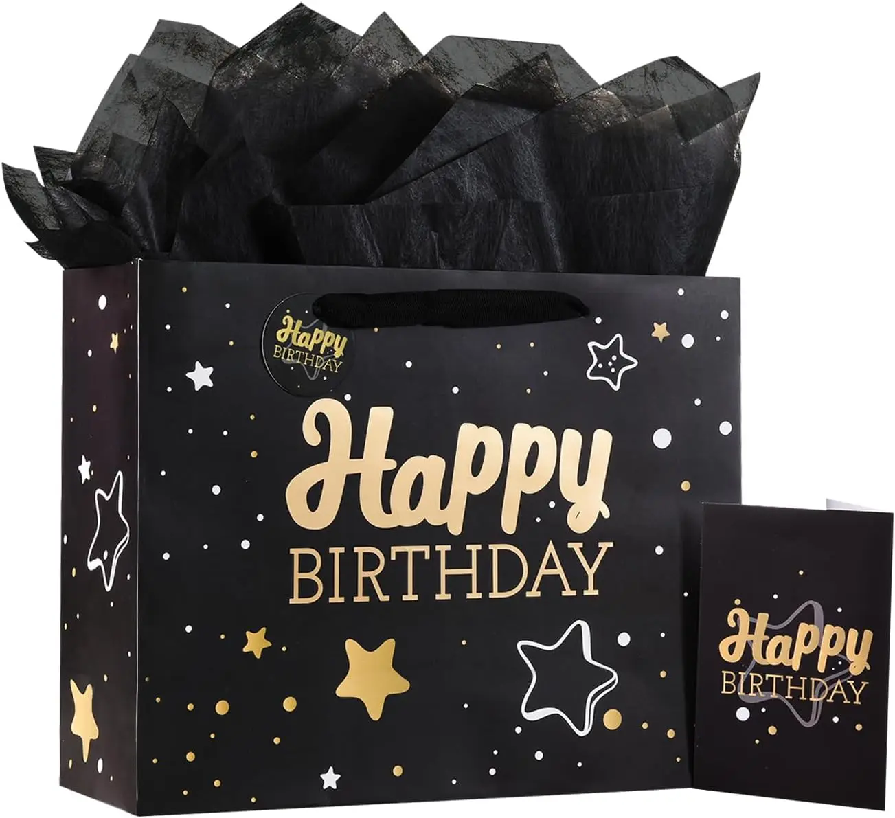 Black Starry Sky Happy Birthday Gift Wrapping Kit (1-Piece, Medium, Unisex) - 13x10.2x4.9in, Includes Card, Ribbon, Crinkle Paper