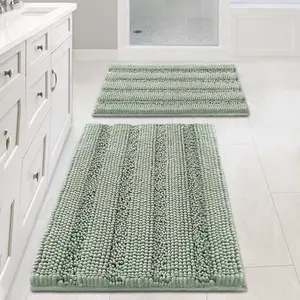 2-Piece Modern Rectangle Bathroom Rugs Set - Extra Thick Chenille Bath Mats, Ultra Soft Shaggy Striped, Non-Slip Absorbent Floor Rugs (32x20 in, 24x17 in)