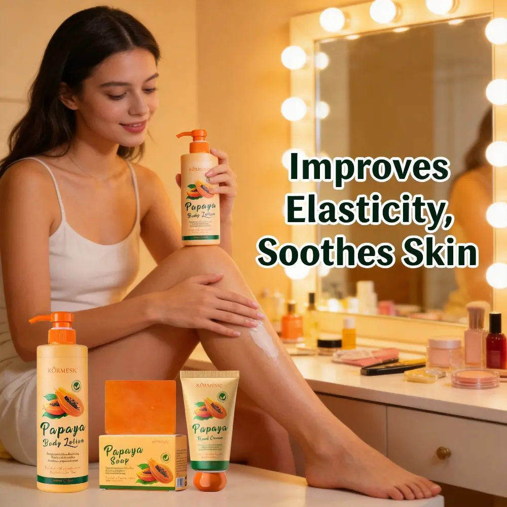 Papaya Extract 3-Piece Set: Body Lotion, Hand Cream, Cleansing Soap, formulated to brighten skin tone, deeply hydrate and soften skin, Moisturizing skincare companion for travel, long-lasting fragrance, Moisture, Body Care Sets
