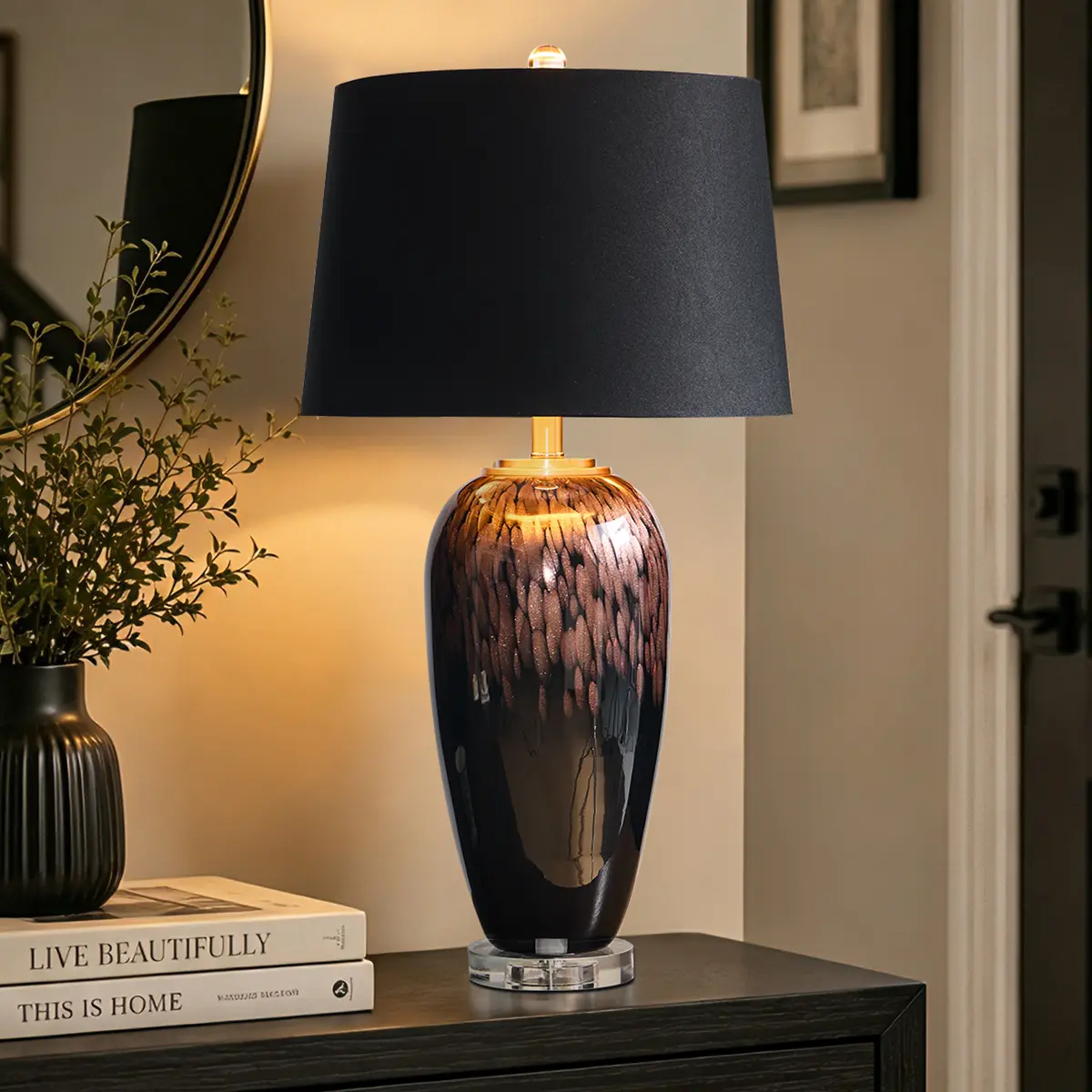 Luxury 28.5" Moody Art Glass Table Lamp with Black Shade & Crystal Base  Free LED Bulb Included