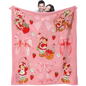 Strawberry Shortcake Floral Print Blanket, Cute Cartoon Girl Pattern, Perfect for Young Adults, Kids, Sofa, Camping, Outdoor, Travel Plane Cover