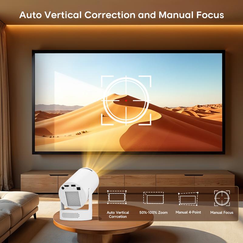 Smart Projector HY300Pro+ with 8K/4K/1080P Decode 290ANSI Lumens Auto Keystone Correction Built-in 5W speaker Dual WiFi6 Wireless BT5.4 Android 14 Native 1280*720P for Home Cinema Portable Movie Theater