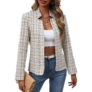2025 Fall Women's Tweed Plaid Blazer Jacket - Warm Open Front Stand Collar Fully Lined Casual Fashion Work Coat