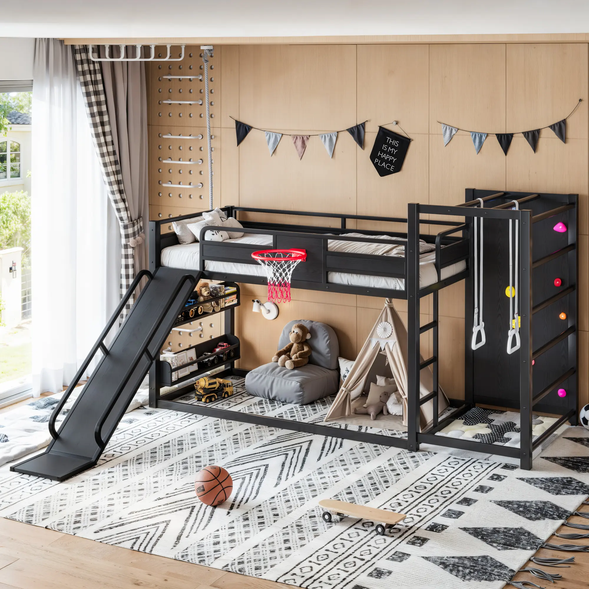 Eyisean Metal Frame Loft Bed - Twin/Twin XL/Full Size Indoor Bed Frame with Slide, Bookshelves, Basketball Hoop, Pull-Up Rings, Climbing Wall, Safety Guardrail, Space-Saving Design for Bedroom, Easy Assembly