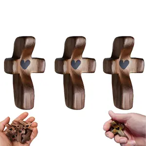 Three Wooden Crosses Handheld New Stress Relief Comfort Cross Olive Wood Encouragement Crosses Spiritual Comfort Religious Decoration Set Natural Black Walnut Pocket Crosses Satin Finish Lightweight Ornaments Christmas Gift Hand Engraved
