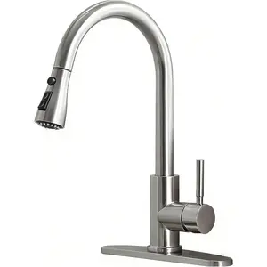 Kitchen Faucet with Pull Down Sprayer, Brushed Nickel Stainless Steel Kitchen Sink Faucet, Single Handle 1 or 3 Hole Pull Out Sink Faucet for Bar Laundry RV Farmhouse, RC-KYT010L-D