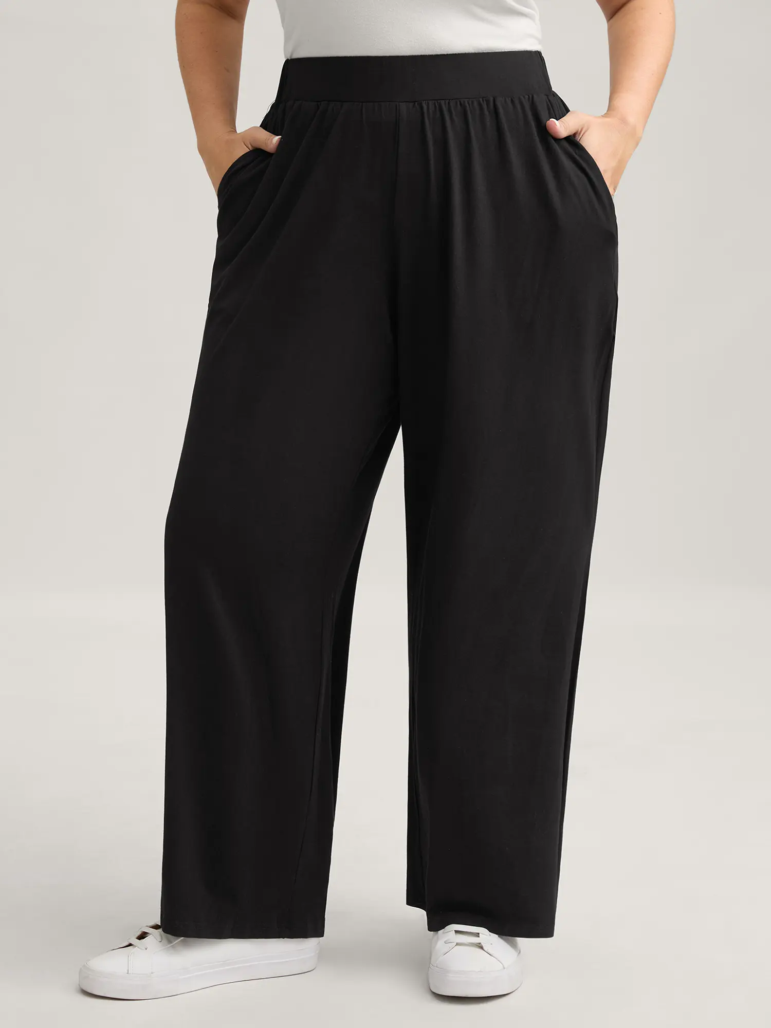 BLOOMCHIC Women's Plus Size Basic Solid Spandex Bottoms - Elastic Waist Baggy Wide Leg Lounge Pants, Thick Thigh-Friendly, Pocketed, Fit M-6X, Womenswear Everyday Trouser,Summerfinds