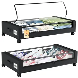 Somdot Under Bed Storage with Wheels, 2 Pack Bed Storage Containers with Dividers & Clear Lids,Easy Pull-out Metal Drawer for Clothes, Shoes,Toys, Blankets (Black)