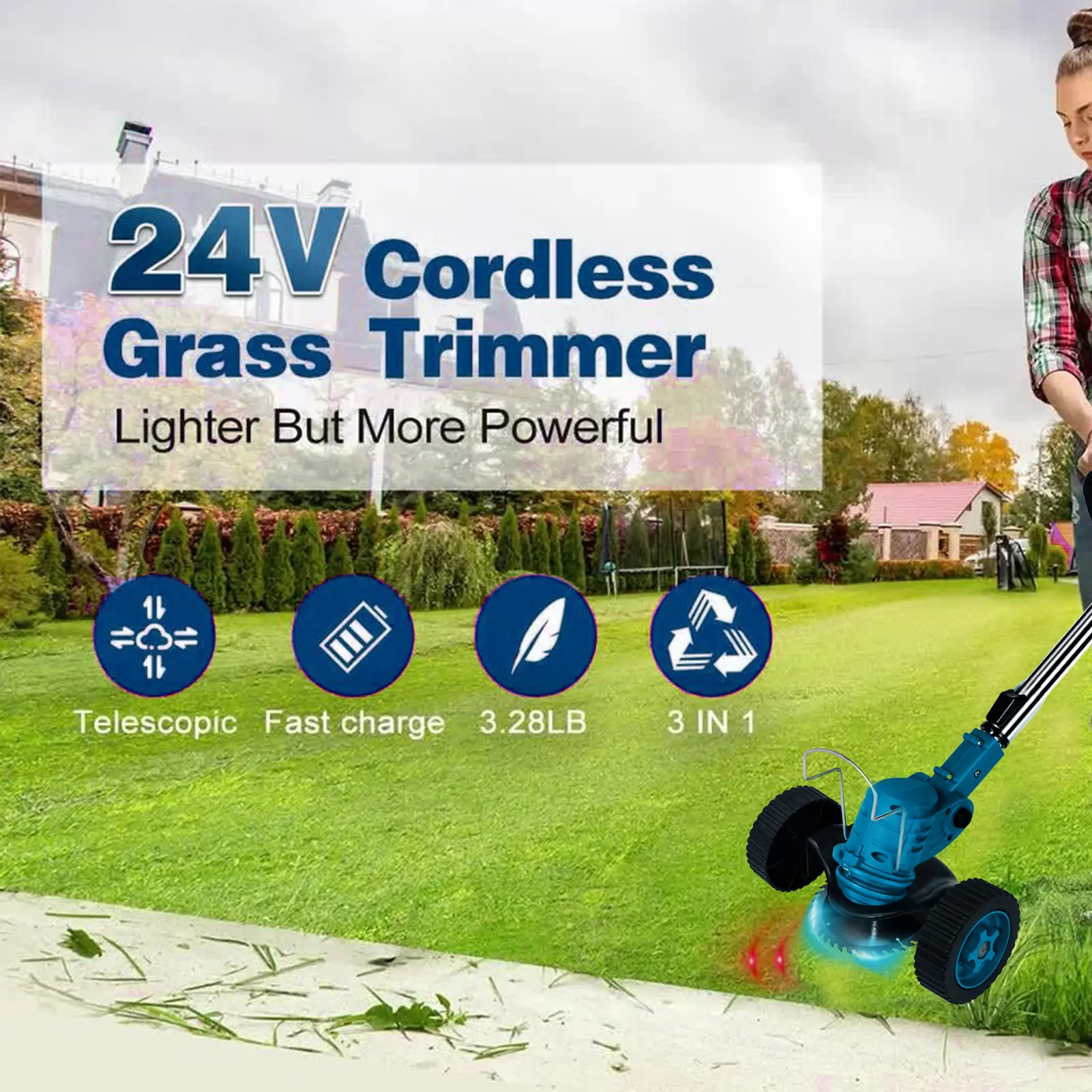 Electric Lawn Mower Rechargeable Li-ion Battery Cordless Grass Trimmer Household Garden Home